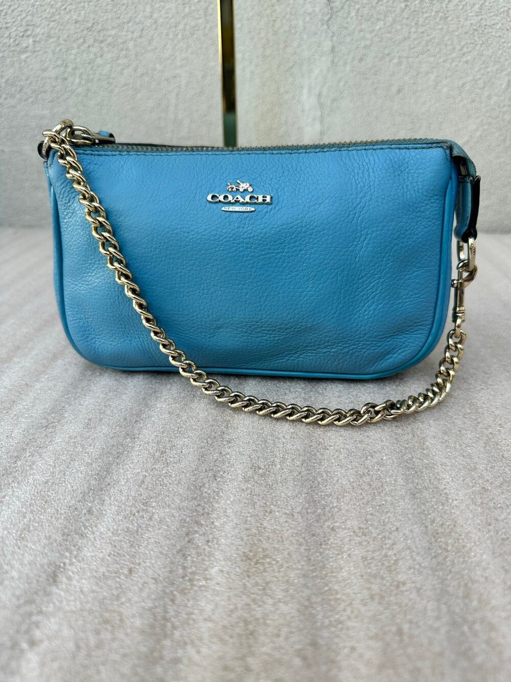 Coach F53340 Nolita 19 Likely Bluejay Pebbled Leather Gold Chain Wristlet Bag